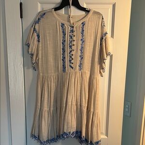 Cream Dress with Blue Embroidery